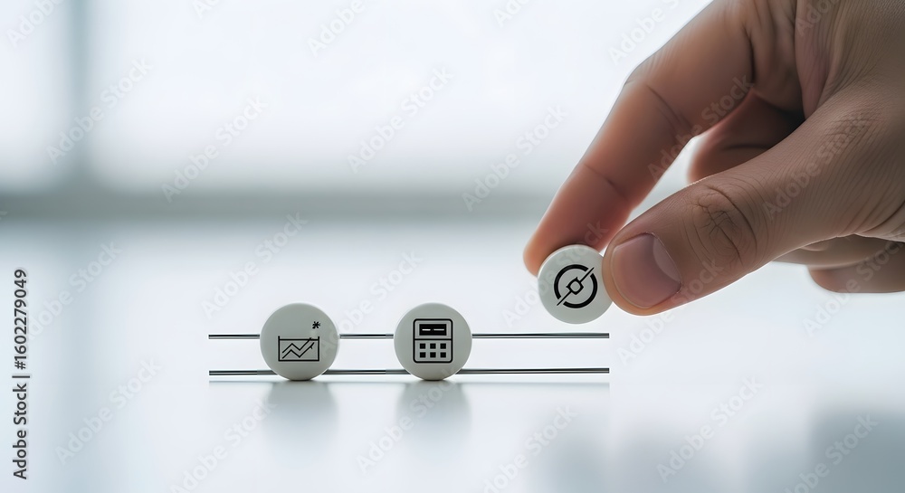 Poster a person organizing key business process icons representing time, calculation, and efficiency for ef