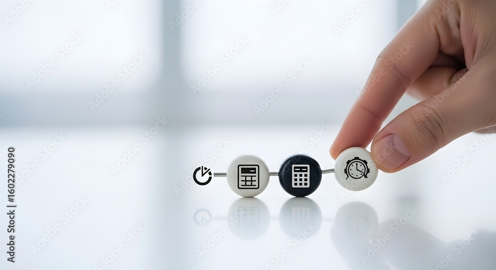 Poster a hand arranging icons representing time management and financial calculation in a strategic busines