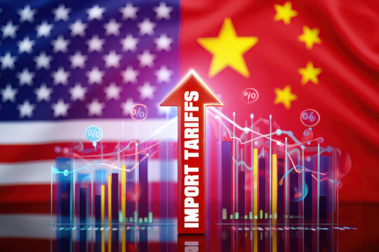 Flags of usa and china with import tariffs arrow and rising charts showing economic trade tensions - Powered by Adobe
