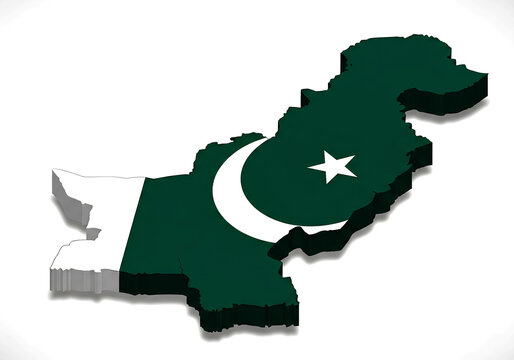 A 3D map of Pakistan features the national flag's design. 