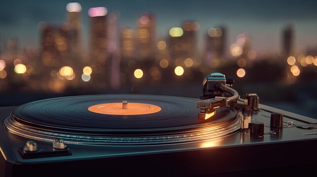 A vintage turntable plays a vinyl record, its needle tracing the grooves, set against a blurred cityscape at twilight.  Warm lighting highlights the turntable's metallic surface