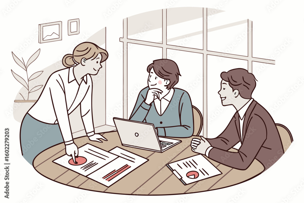 Poster group discusses project details during a meeting in a modern office setting with a laptop and printe