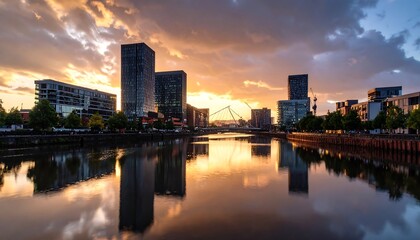 City skyline at sunset reflected in calm water