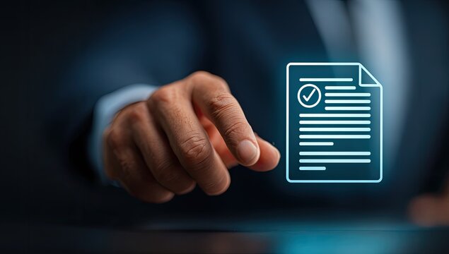 Businessperson's finger points to a glowing, digital document with a checkmark