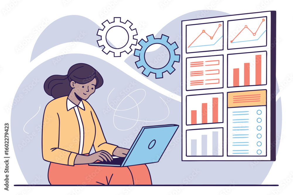 Poster business analyst working on data visualization while using a laptop in a modern office with charts a