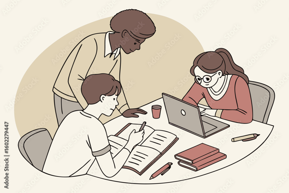 Poster collaborative study session with diverse students engaging in learning activities at a table in a re