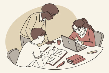 Collaborative study session with diverse students engaging in learning activities at a table in a relaxed educational environment