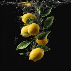lemons falling into the water water splashes black solid background illustration small details 8k