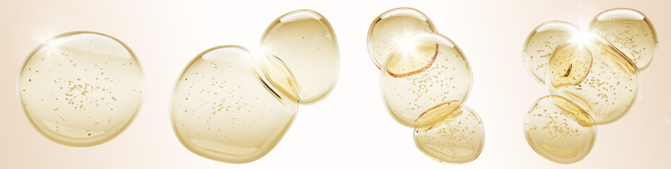 Gold argan oil drops with bubbles 3d render set. Honey, liquid serum, collagen gel or retinol vitamin balls. Clear yellow blobs of hyaluronic essence or keratin for skin or hair care. 3D illustration
