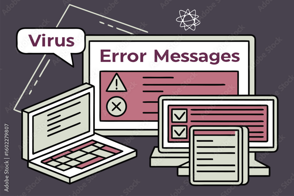 Poster computer displays error messages related to viruses with various devices showing warnings and alerts