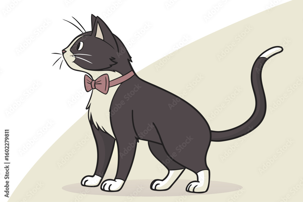 Poster cat in a bowtie looking up with curiosity in a minimalistic setting