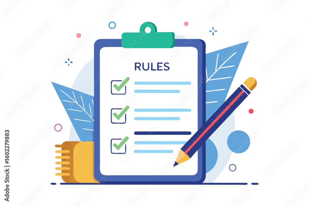 Poster checklist with rules displayed on a clipboard alongside a pencil and other stationary items in a col