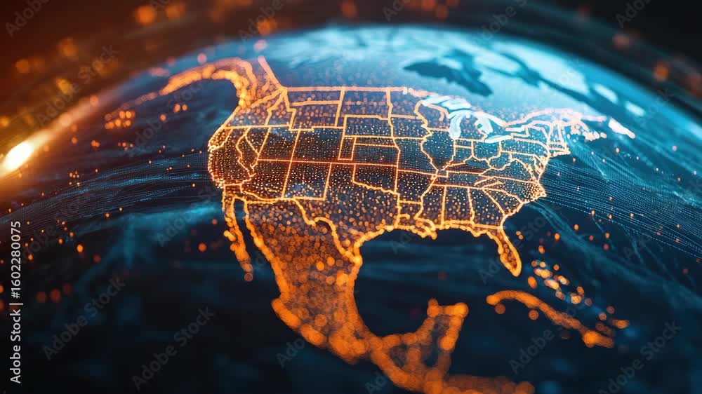 Poster the united states is illuminated with an array of digital lights, highlighting its geographic bounda
