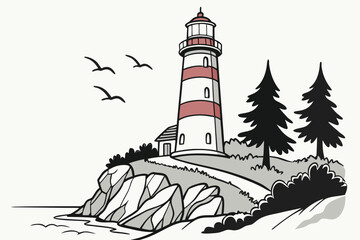 Striking coastal lighthouse stands tall against the rocky shore with trees and birds in a clear sky