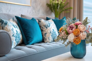 Elegantes Wohnzimmer mit blauen Samtkissen und Blumenvase auf Marmortisch