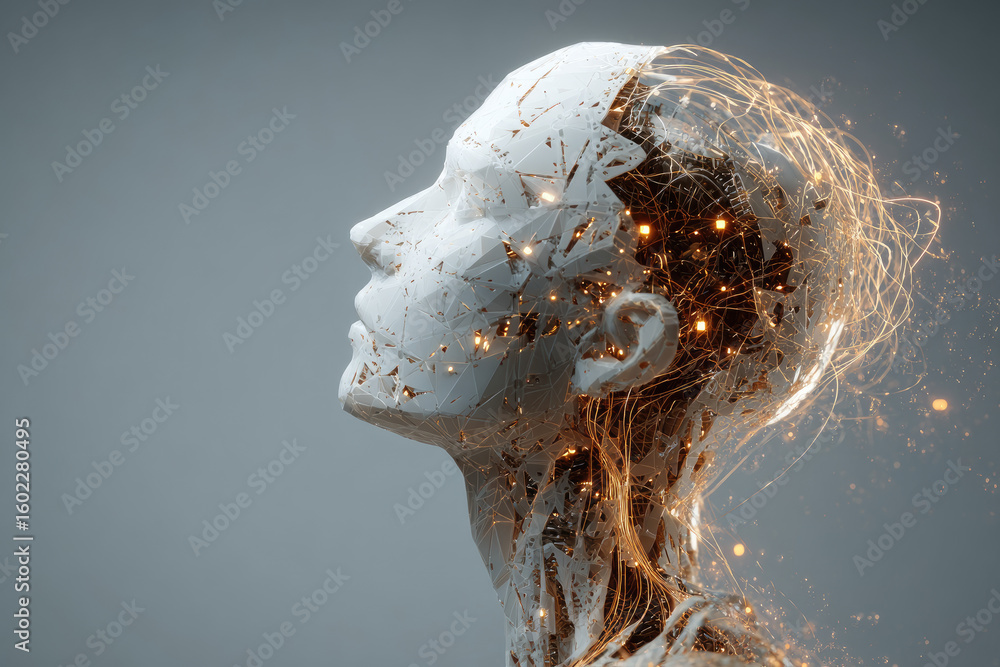 Aufkleber ai or artificial intelligence in image humanoid face head in profile view. ai solves problem. bald h