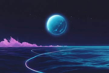 • Platinum sphere floats silently over a dark indigo space ocean, trailing neon lines