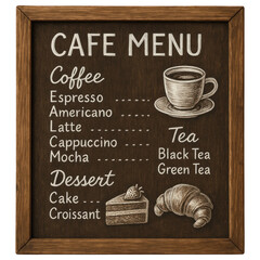 Rustic Cafe Menu Design Featuring Coffee, Tea, and Dessert Options on a Chalkboard Background