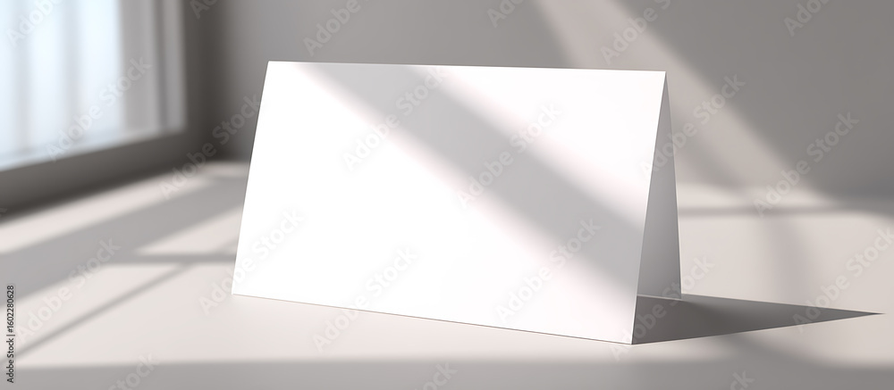 Poster Blank white folded card resting on a surface near a window with soft shadows creating a minimalist and clean presentation.