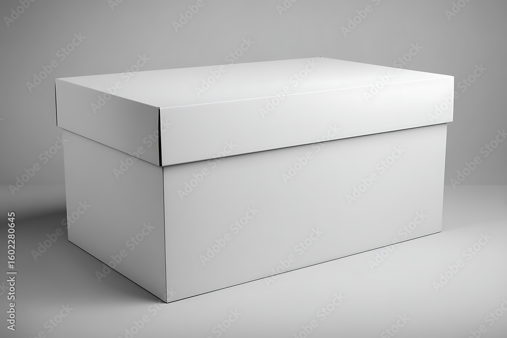 Aufkleber closed rectangular white box with a lid on a white surface against a plain grey background in studio