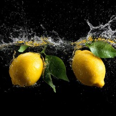 lemons falling into the water water splashes black solid background illustration small details 8k