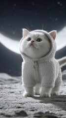 A cute white kitten, wearing a fluffy white astronaut suit, stands on a moon-like surface, gazing upwards at a large, bright moon and starry night sky