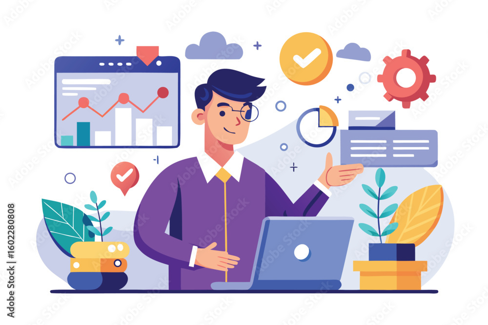 Poster professional male using laptop to analyze data and create visualizations in modern workspace with ch