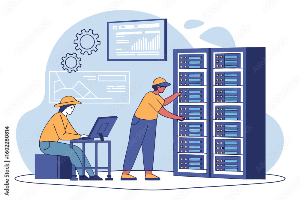 Poster data center operations with technicians managing servers and monitoring systems during work hours