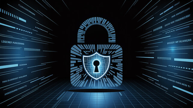 Futuristic digital tunnel with binary code on blue background
