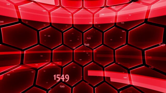 Red Neon Hexagonal Grid with Numbers and Curved Light Streaks abstract background