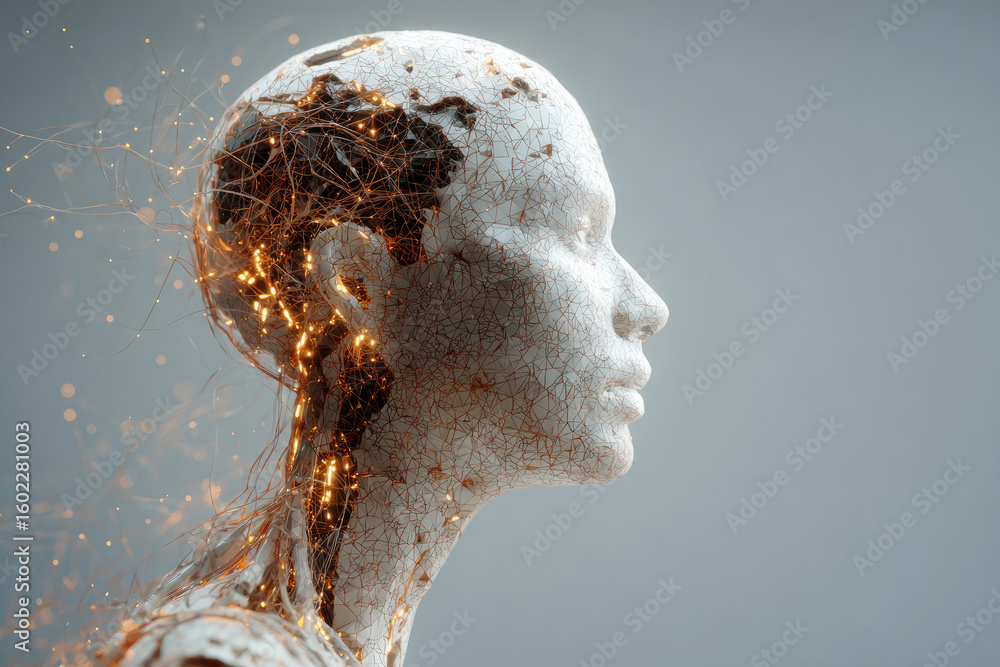 Aufkleber ai or artificial intelligence in image humanoid face head in profile view. ai solves problem. bald h
