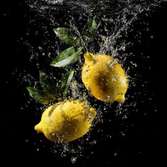 lemons falling into the water water splashes black solid background illustration small details 8k