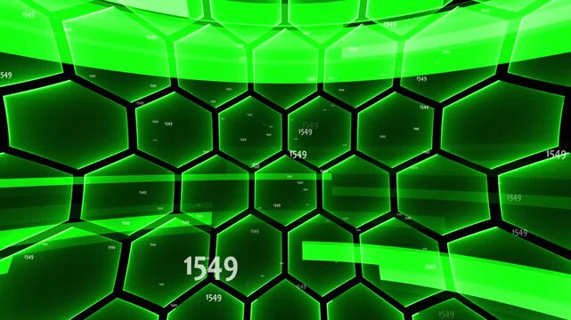 Green Neon Hexagonal Grid with Numbers and Curved Light Streaks abstract background
