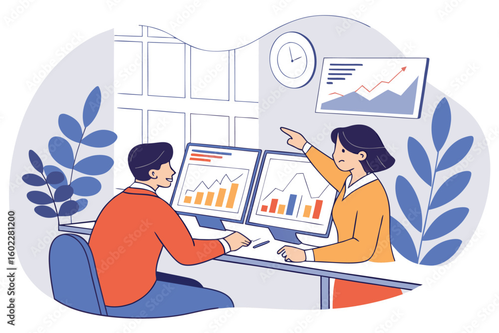 Poster business professionals analyzing data graphs on computer screens in a modern office setting during a