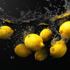 lemons falling into the water water splashes black solid background illustration small details 8k