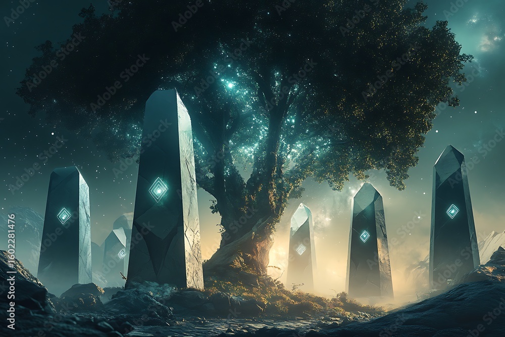 Poster • polygonal monoliths orbiting around a jade tree rooted in pure starlight