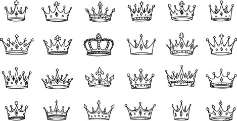 crowns, hand-drawn, simple black and white sketch, different shapes, elegant designs, line art, minimalist style, creative illustration