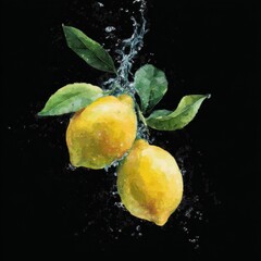lemons falling into the water water splashes black solid background illustration small details 8k