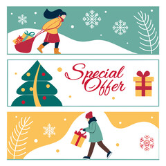 Illustration of three winter themed banners featuring a woman pulling gifts, a christmas tree and special offer