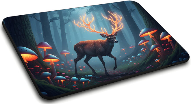 Stunning deer with glowing antlers in magical forest with vibrant mushroom lights scene