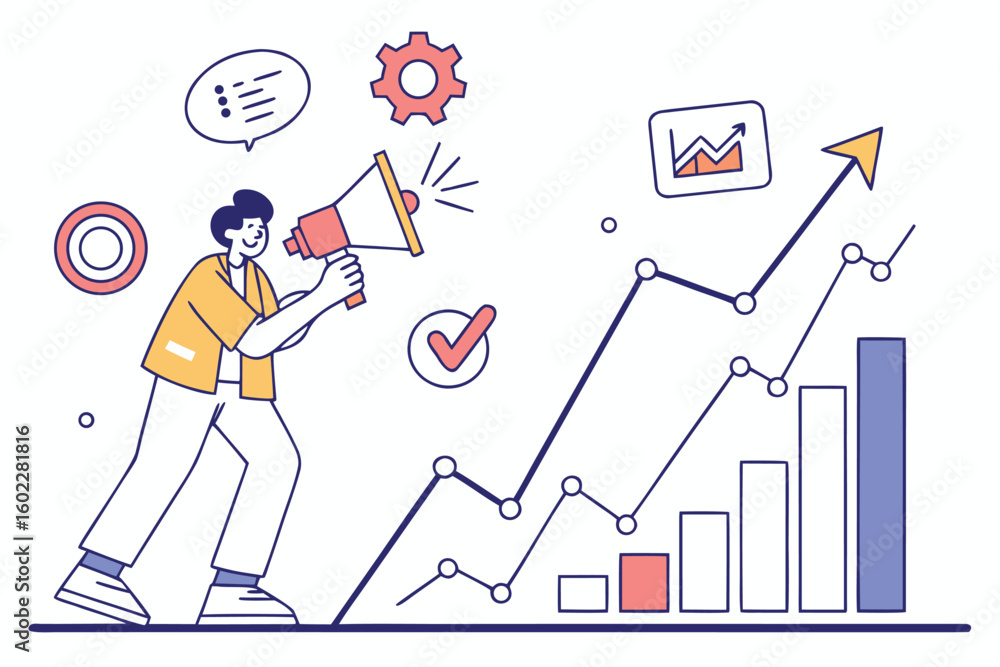 Poster growth strategy implementation showcasing a marketer using a megaphone to boost performance metrics 