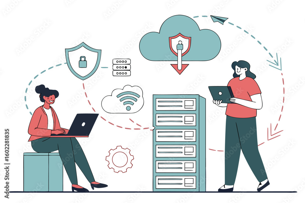 Aufkleber collaboration between two professionals illustrates data security concepts in a modern workspace env