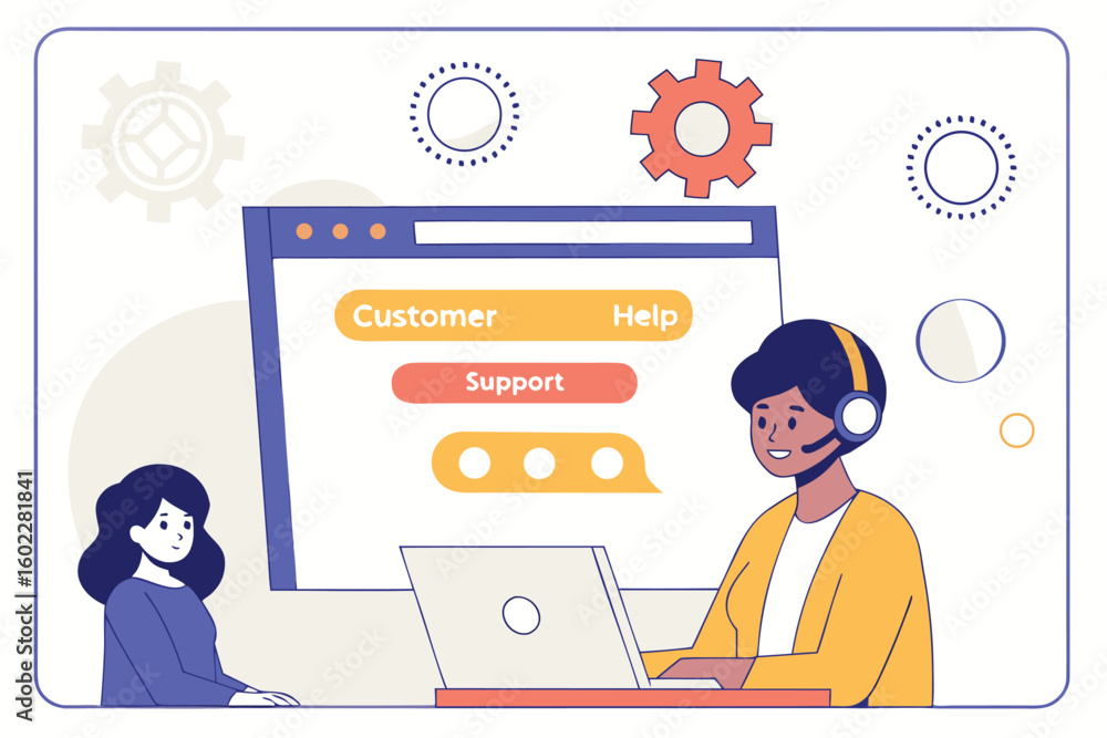 Poster customer support representatives assisting clients with inquiries through online chat during a busy 