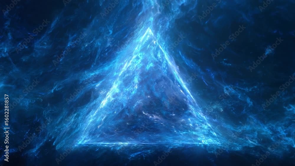 Poster mysterious blue triangle: this image features a captivating blue triangle illuminated against a dark