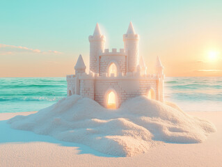 Serene Beach Sandcastle at Sunset: Dreamlike, Whimsical, Family Vacation Theme
