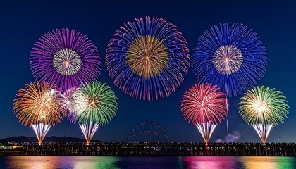 Brilliant burst of fireworks reflecting on the water during a night celebration