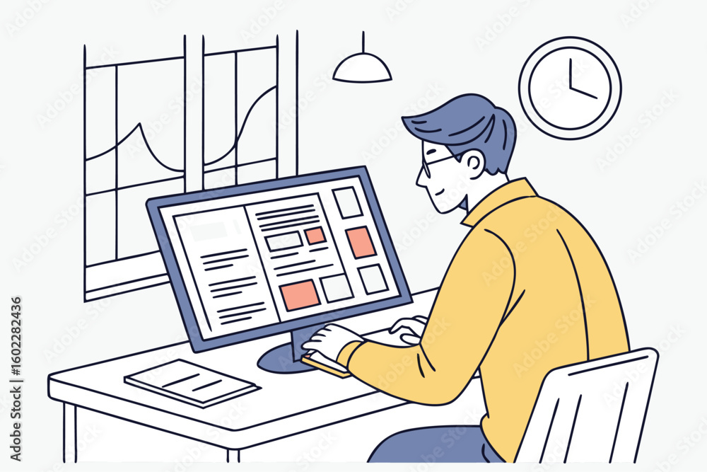 Poster individual working at a desk using a computer to complete tasks in a modern home office during the d