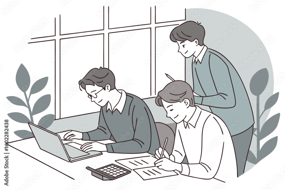 Poster group of students collaborating on projects with a laptop and papers in a bright study environment d