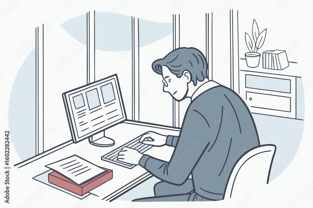 Poster man working on a computer in a modern office setting during the daytime, focusing on digital tasks a