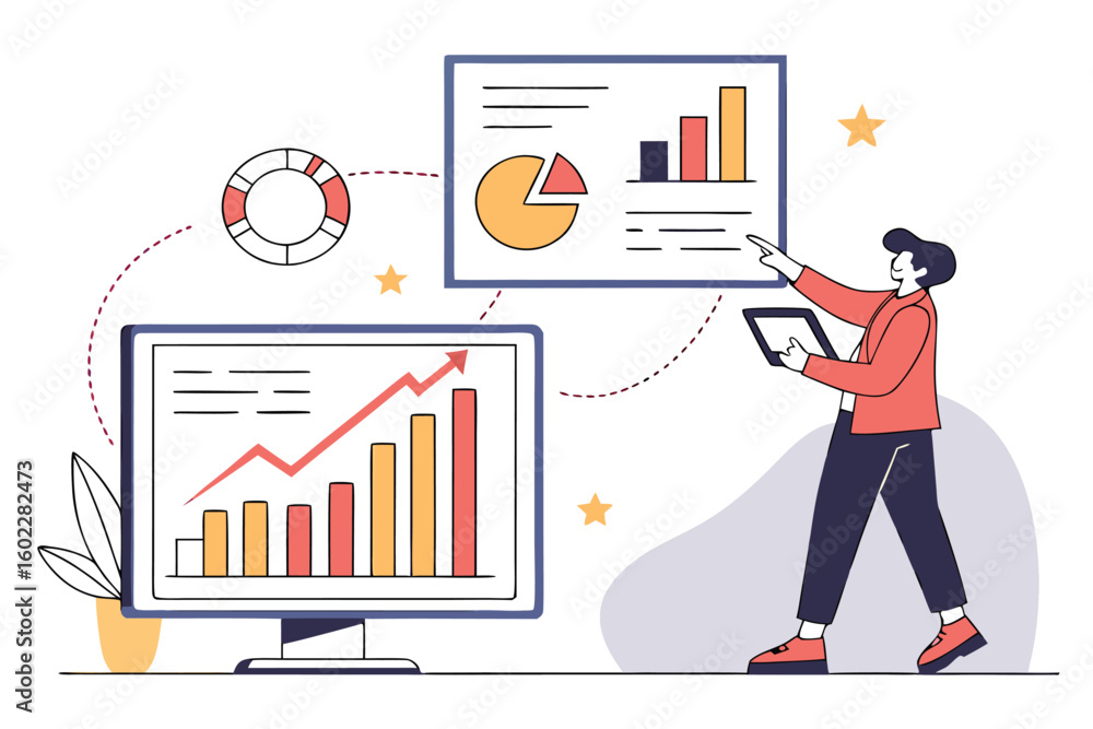 Poster business analyst presenting data insights with charts and graphs in a modern workspace while using a